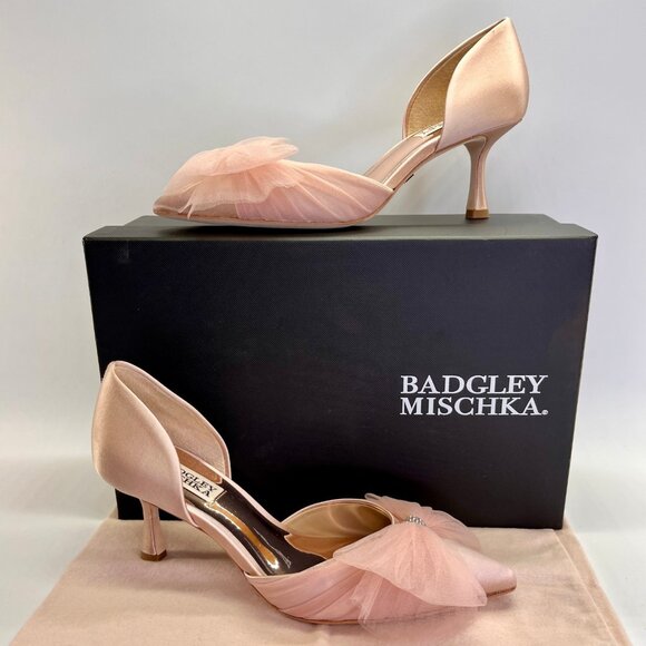 Badgley Mischka Festive Satin Tulle Bow Pumps Size 6 Blush Pink Pointed Toe - Picture 1 of 16